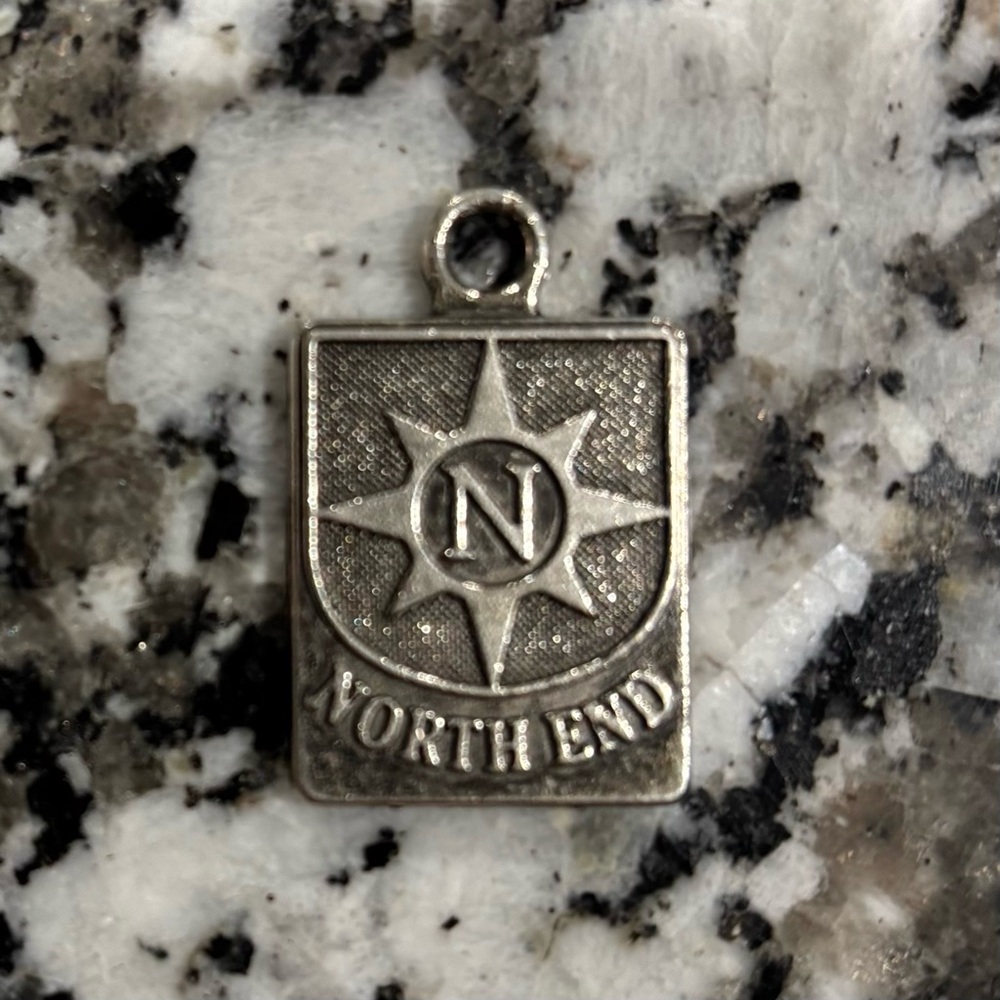 North End 1” Charm Pendant Amulet Antique Silvertone Compass Rose Logo